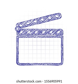 Film clap board cinema open icon. Hand drawn sketched picture with scribble fill. Blue ink. Doodle on white background