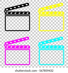 Film clap board cinema open icon. Colored set of cmyk icons on transparent background.