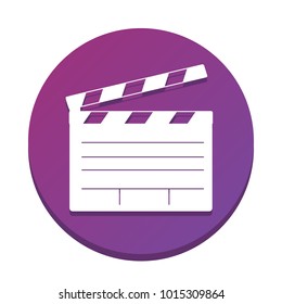 Film clap board cinema sign. Vector. White icon with flat shadow on purpureus circle at white background. Isolated.