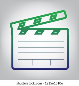 Film clap board cinema sign. Vector. Green to blue gradient contour icon at grayish background with light in center.