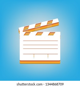 Film clap board cinema sign. Vector. White icon with 3d warm-colored gradient body at sky blue background.