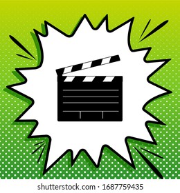 Film clap board cinema sign. Black Icon on white popart Splash at green background with white spots. Illustration.