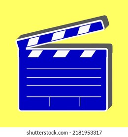 Film clap board cinema sign. Blue Icon with white stroke in 3d at yellow Background. Illustration.
