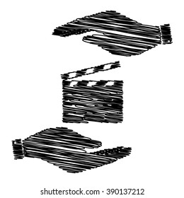 Film clap board cinema sign. Save or protect symbol by hands with scribble effect.