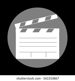 Film clap board cinema sign. White icon in gray circle at black background. Circumscribed circle. Circumcircle.