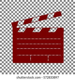 Film clap board cinema sign. Maroon icon on transparent background.