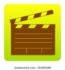 Film clap board cinema sign. Vector. Brown icon at green-yellow gradient square with rounded corners on white background. Isolated.