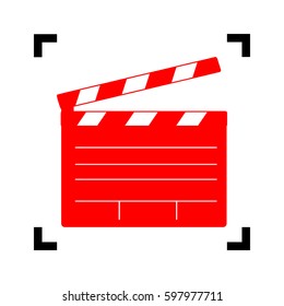 Film clap board cinema sign. Vector. Red icon inside black focus corners on white background. Isolated.