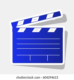Film clap board cinema sign. Vector. New year bluish icon with outside stroke and gray shadow on light gray background.