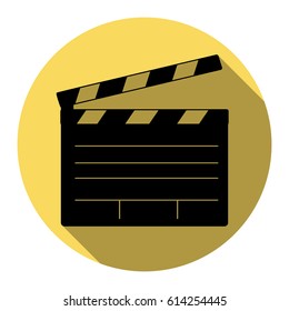 Film clap board cinema sign. Vector. Flat black icon with flat shadow on royal yellow circle with white background. Isolated.