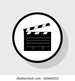 Film clap board cinema sign. Vector. Flat black icon in white circle with shadow at gray background.