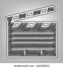 Film clap board cinema sign. Vector. Pencil sketch imitation. Dark gray scribble icon with dark gray outer contour at gray background.