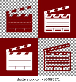 Film clap board cinema sign. Vector. Bordo and white icons and line icons on chess board with transparent background.