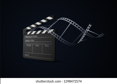 Film clapper board with curled film strip. Cinema production or media industry concept. Vector 3d illustration. Realistic filmmaking equipment. Movie production sign