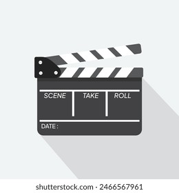 Film clapper board icon on color background with long shadow. Blank movie clapper cinema vector illustration