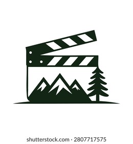 Film clapper board with mountain and tree landscape scene design element