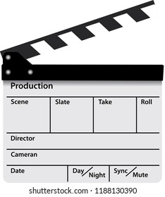 Film Clapper board. Movie clapper board isolated on white background. Open clapperboard. Cinematography concept. Template for the director's instructions, the producer. Vector
