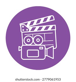 Film clapper and camera icon on purple background, movie production symbol, filmmaking tools