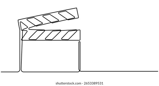  filme clapper contínuo um desenho de linha, Clapper placa e filme rolo contínuo um desenho de linha. Elemento linear da tira de filme. Conceito de produção de episódios de cenas de filmes. Ilustração vetorial isolada em.