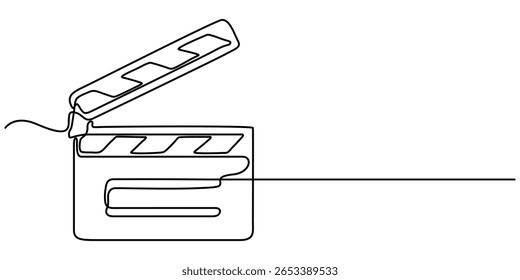  film clapper continuous one line drawing, Clapper board and film reel continuous one line drawing. Filmstrip linear element. Movie scene episode production concept. Vector illustration isolated on.