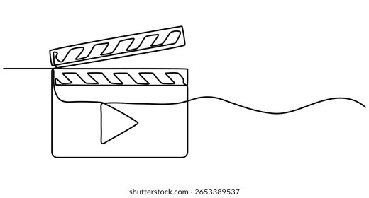  film clapper continuous one line drawing, Clapper board and film reel continuous one line drawing. Filmstrip linear element. Movie scene episode production concept. Vector illustration isolated on.