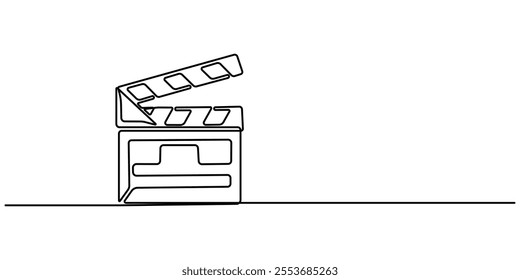 Film clapper in one line drawing. Minimalist entertainment concept, One continuous line drawing of clapper board. Action movie scene and retro video production concept in simple linear style. Outline.