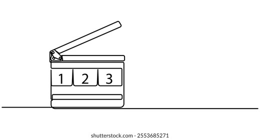 Film clapper in one line drawing. Minimalist entertainment concept, One continuous line drawing of clapper board. Action movie scene and retro video production concept in simple linear style. Outline.