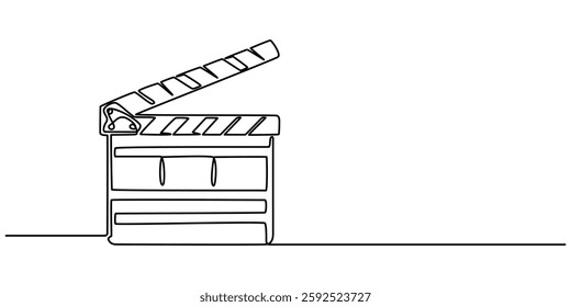 Film clapper in one line drawing. Minimalist entertainment concept, Continuous line drawing of retro old classic movie board clapper and film reel. One single line art vintage film scene taker item. 