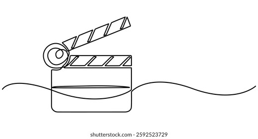 Film clapper in one line drawing. Minimalist entertainment concept, Continuous line drawing of retro old classic movie board clapper and film reel. One single line art vintage film scene taker item. 