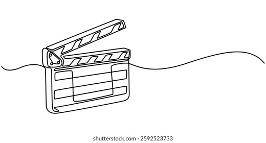 Film clapper in one line drawing. Minimalist entertainment concept, Continuous line drawing of retro old classic movie board clapper and film reel. One single line art vintage film scene taker item. 