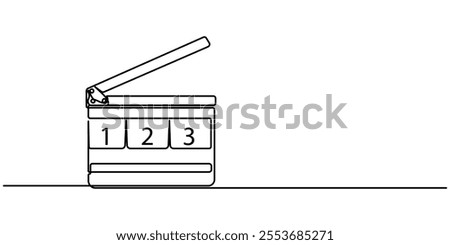 Film clapper in one line drawing. Minimalist entertainment concept, One continuous line drawing of clapper board. Action movie scene and retro video production concept in simple linear style. Outline.