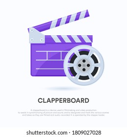 Film clapper vector illustration. Film clapboard and film roll for movie production element.