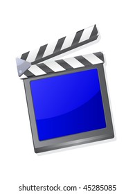 Ein Filmklapperboard mit blauem Bildschirm einzeln auf Weiß