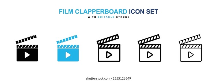 Film clapperboard icon collection in black and blue colors