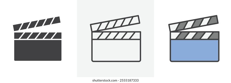 Film clapperboard icon collection in black and colored style.