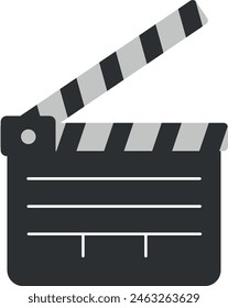 Film clapperboard icon illustrating movie production, with striped clapper on top and space for text.