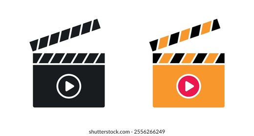 Film clapperboard icon set in black and colored versions.