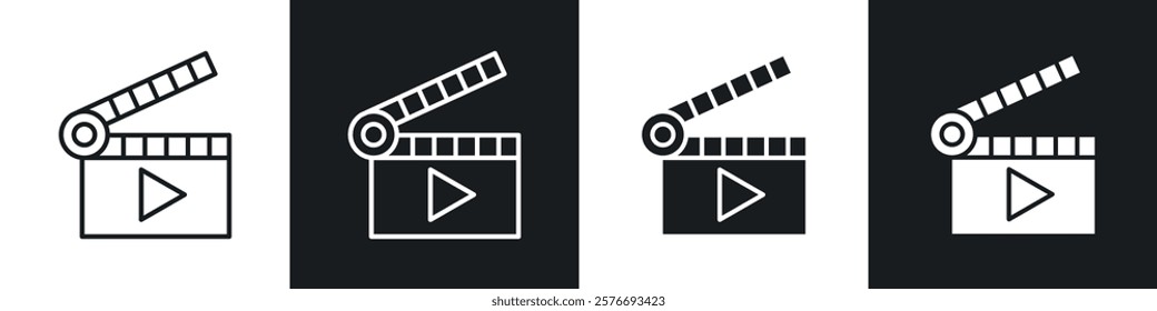 Film clapperboard icons collection in black and white solid and line style