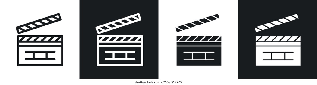 Film clapperboard icons pack in black and white filled and outlined versions.