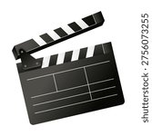 Film clapperboard, partially open, used in movie production to synchronize audio and video. It represents the start of a scene.