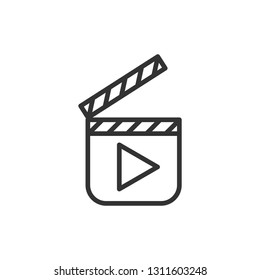 Film clapperboard thin line illustration. Time code, cinema slate board. Vector outline drawing. Lights, camera, action. Movie directing contour isolated symbol. Music, video editor app linear icon