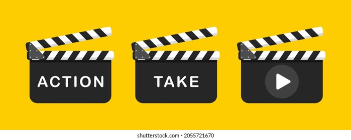 Film clappers boards. Opened movie clap board for cinematography and film production. Movie clapper with an inscription "Take", "Action" and button play. Vector