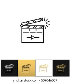 Film clapping clap board or clapperboard vector icon. Film clapping clap board or Clapperboard pictograph on black, white and gold background