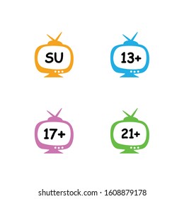 film classification by age, television logo with numbers 13+, 17+, 21+, S+U criteria for television viewers aged 13, 17, 21, SU years and over