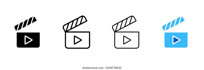 Film clipper icon set. Play button. Silhouette, linear, and flat style. Vector icons.