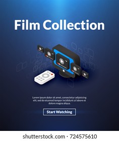 Film collection poster of isometric color design, video player concept vector illustration for web banners and printed materials, vertical portrait orientation