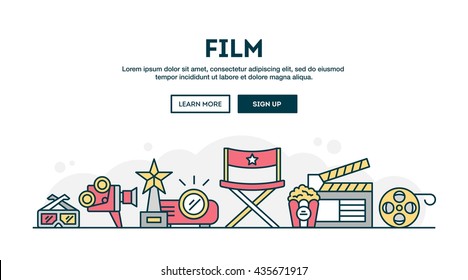 Film,  colorful concept header, flat design thin line style, vector illustration