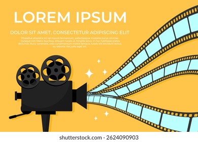Film concept background template design with movie camera with flowing filmstrips. Cinema movie film concept. Vector illustration