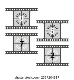 Film countdown icons. Retro filmstrip numbers. Movie timer illustration. Vintage film elements.