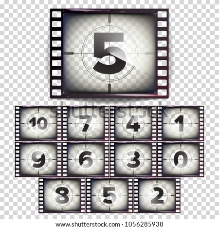 Film Countdown Numbers 10 - 0 Vector. Monochrome Brown Grunge Strip. Start Of The Old Film. Isolated On Transparent Background Illustration
